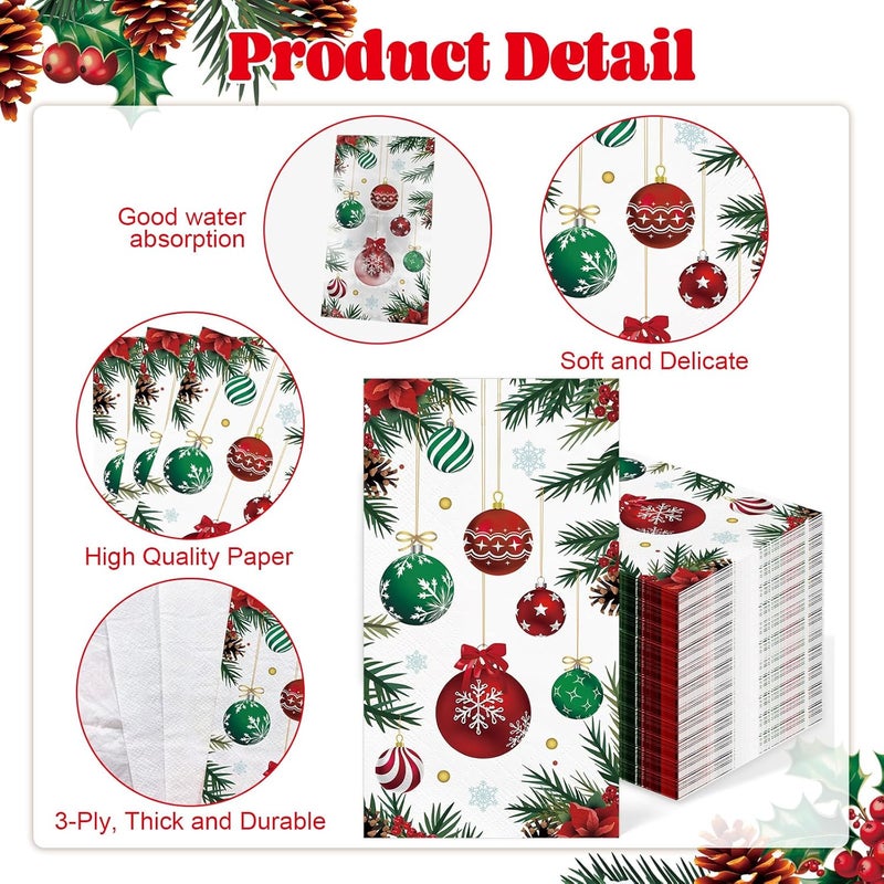 IANFEPH 100 Pcs Christmas Paper Napkin 3 Ply Disposable Bathroom Guest Hand Towels Xmas Ball Pine Decorative Dinner Napkins for Winter Holiday Kitchen Wedding Birthday Party - Image 3